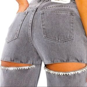 Oh Polly Gray Cut-Out Rhinestone Women Jeans size 10 TALL NWT